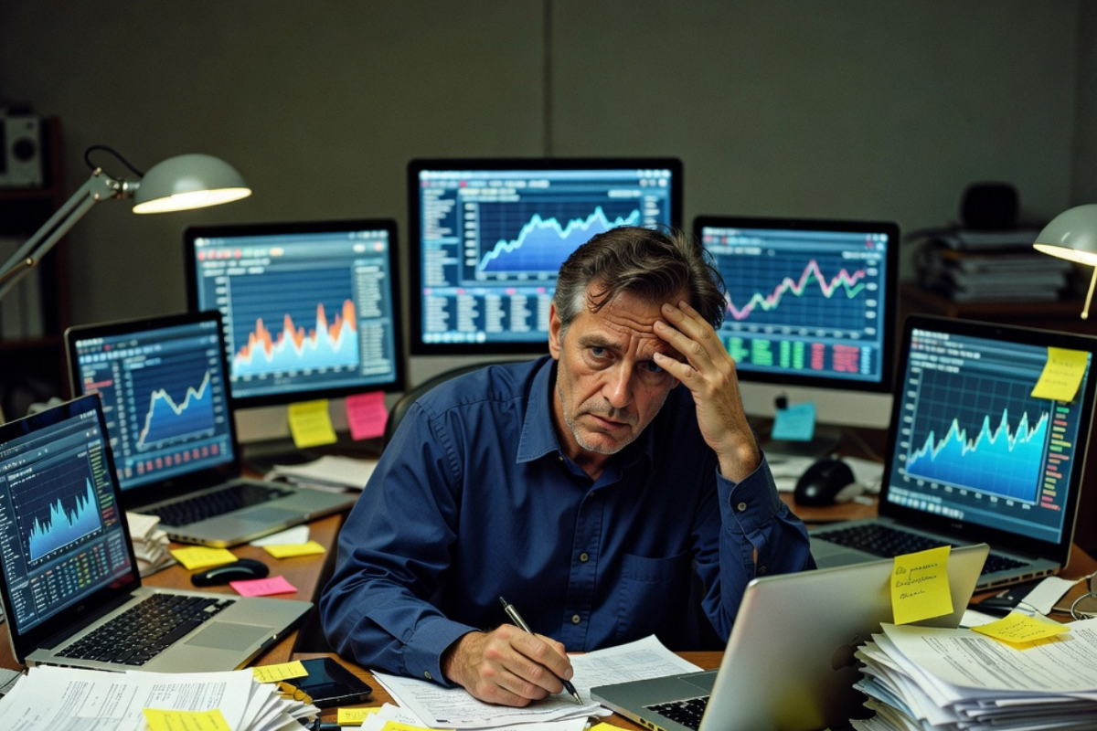 Overwhelmed business owner surrounded by screens and reports